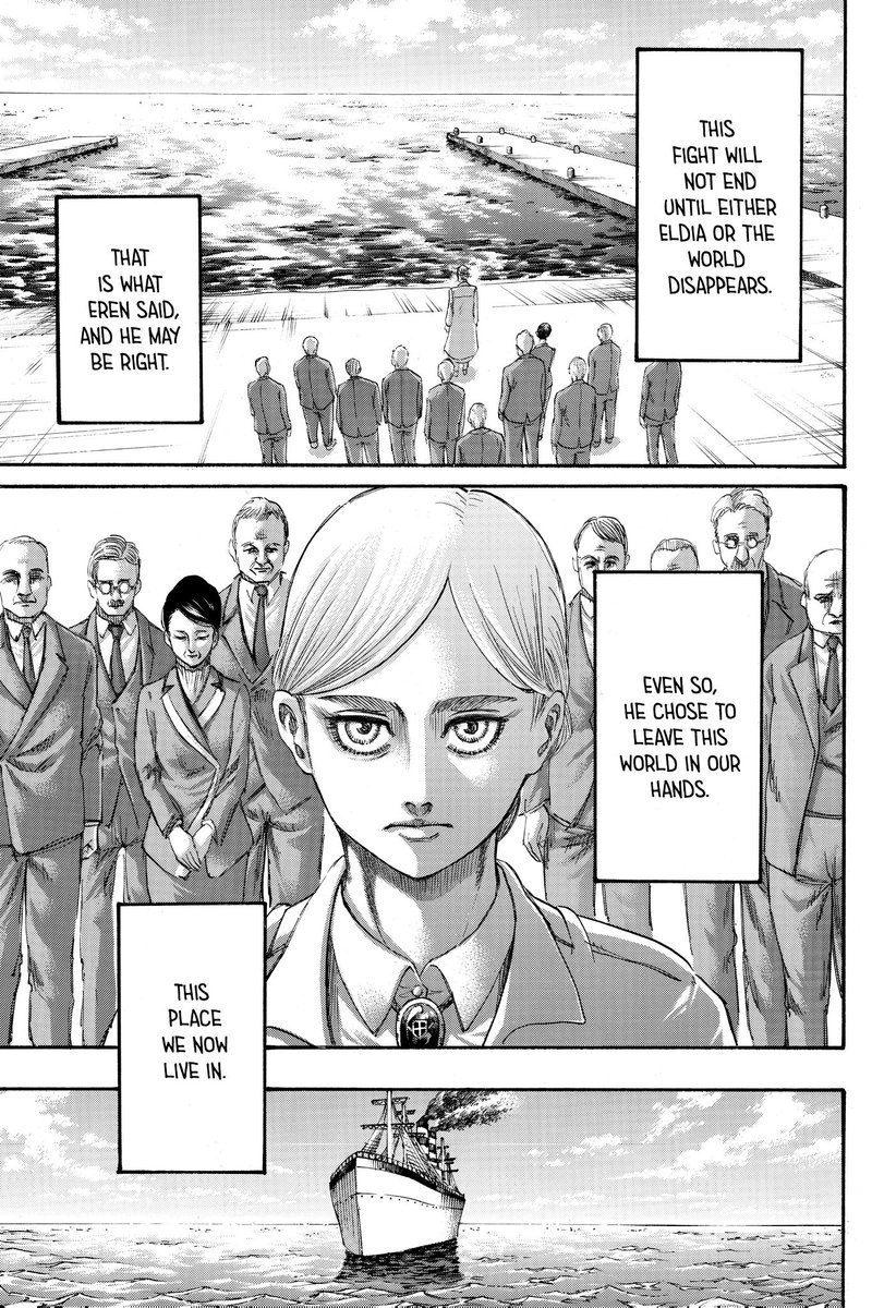 However, despite being realistic, Isayama left us on a optimistic note when he introduced the idea that Armin and some other members of the former alliance have become embassadors for peace talks with Paradis Island. Will they achieve some degree of diplomacy? We can only hope.