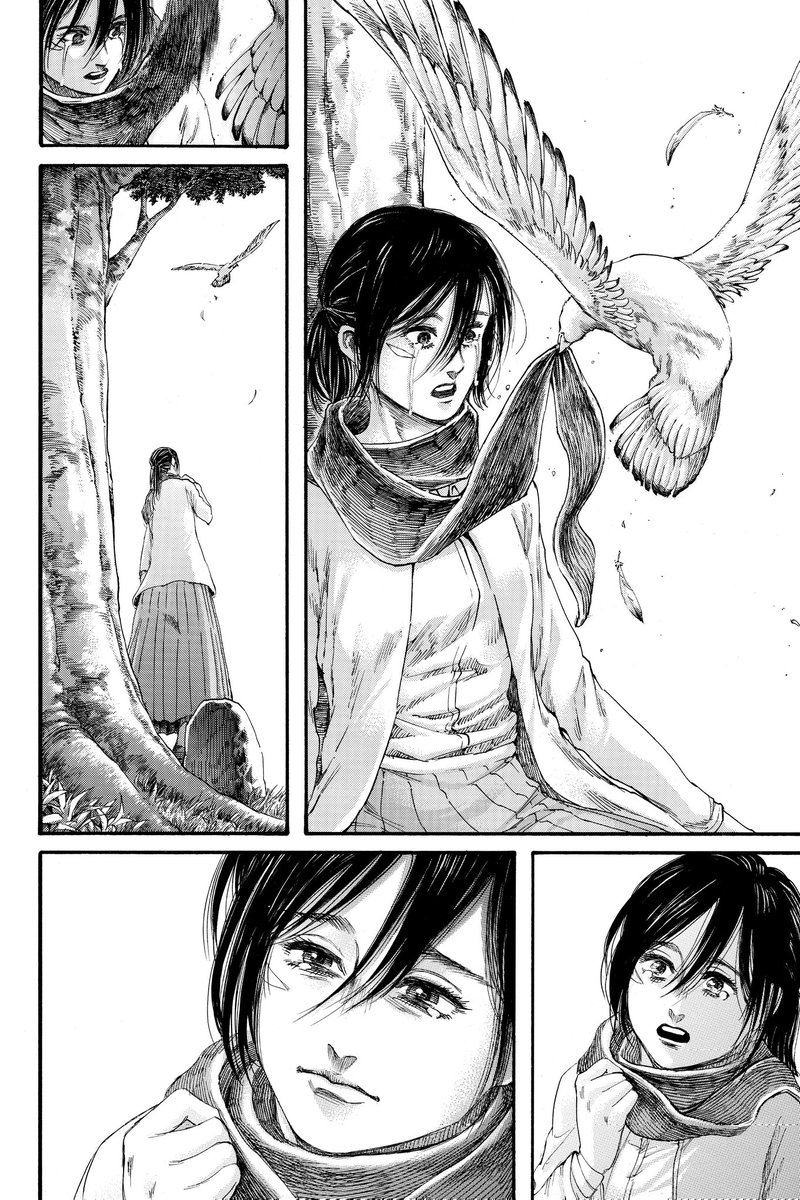 What can I even say about the final scene? It was beautiful and it was equally as tragic, just like Isayama enjoys doing. The bird symbolism almost made me teary eyed. Do I think the bird is Eren? No. However, that's left for interpretation. Symbolism or something more?