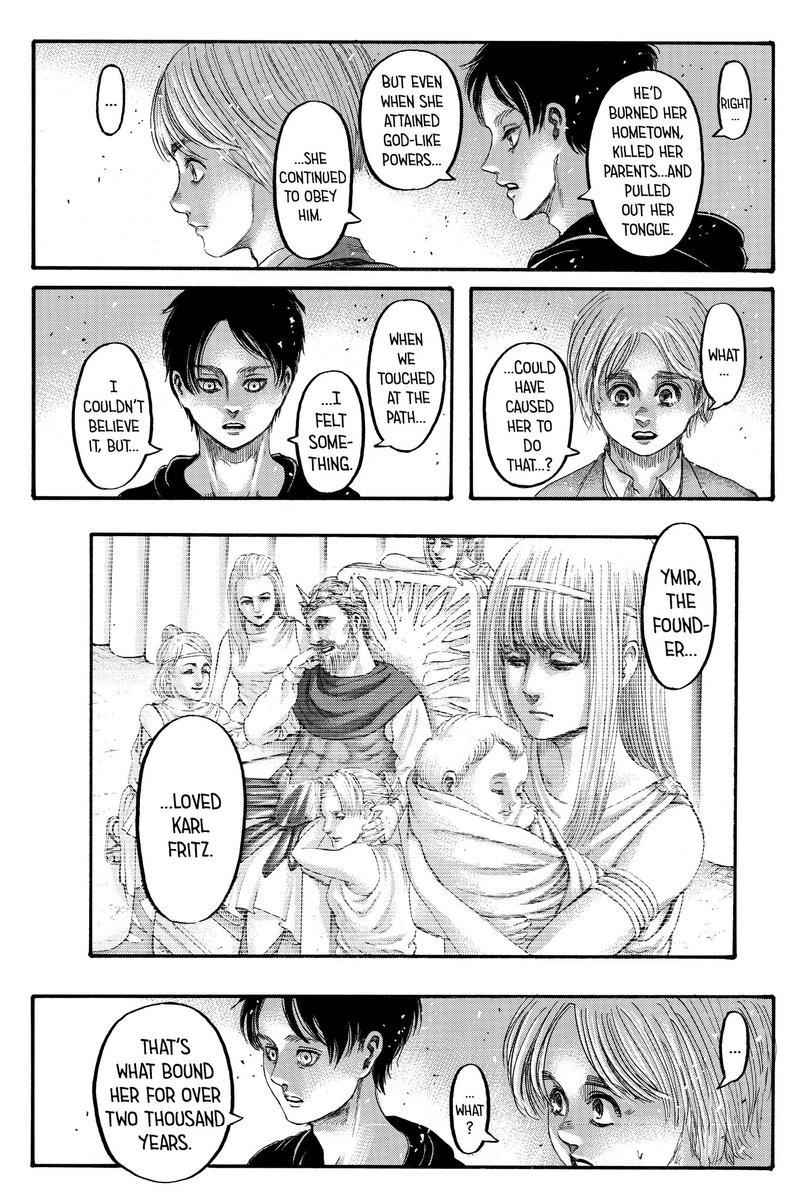Founder Ymir loving King Fritz isn& #39;t something that caught me off guard because it& #39;s definitely not healthy. It& #39;s a feeling of love born from her desire for affection and a purpose to live. It& #39;s toxic and that& #39;s why Eren described it as "agony of love".