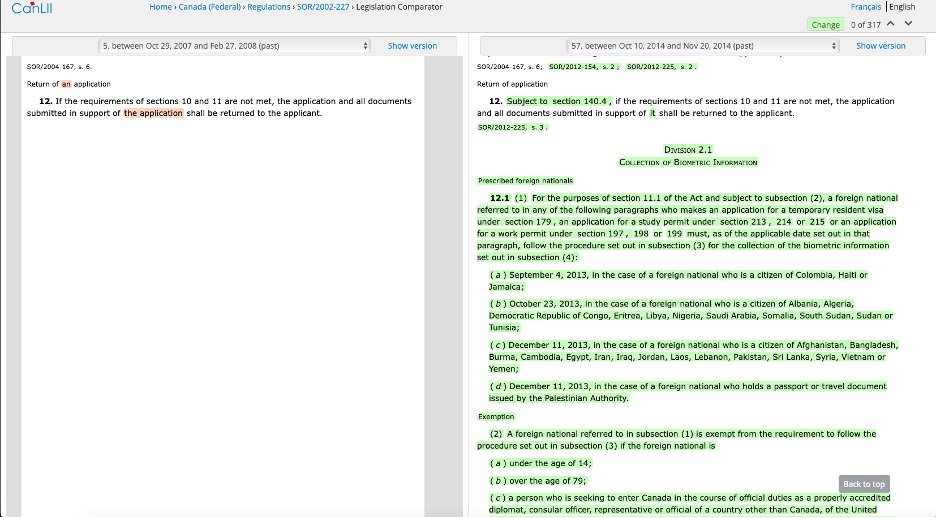 By selecting dates within each of the groupings, we can then use  @CanLII to compare the wording of the selected regulations to find out what changed. The first transition, for example, is linked to the introduction of a new section on biometric information. (5/5)