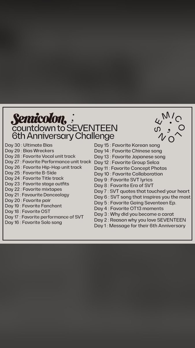 Semicolon ;countdown to SEVENTEEN   6th Anniversary Challenge #SEVENTEEN  @pledis_17