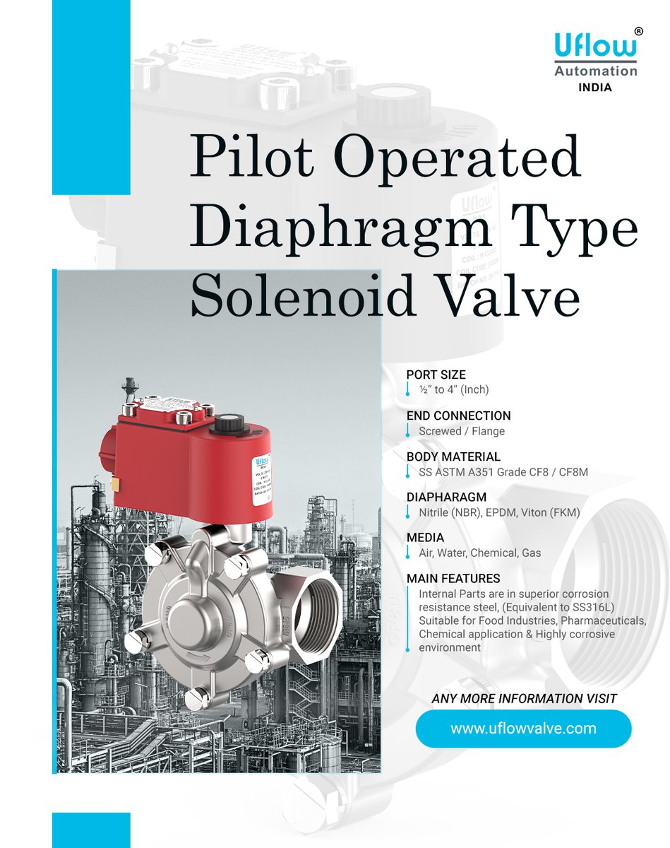 uflowvalve's tweet image. Pilot Operated Diaphragm Valve (NC)
uflowvalve.com/solenoid-valve…
#solenoidvalve #flowcontrolvalve #industrialequipment #COVID19India #COVID19  #oilandgasindustry #chemicalindustry #manufacturing #suppliers #indianbrand #machinery #machinetools #cncmachining #cncmachine #india