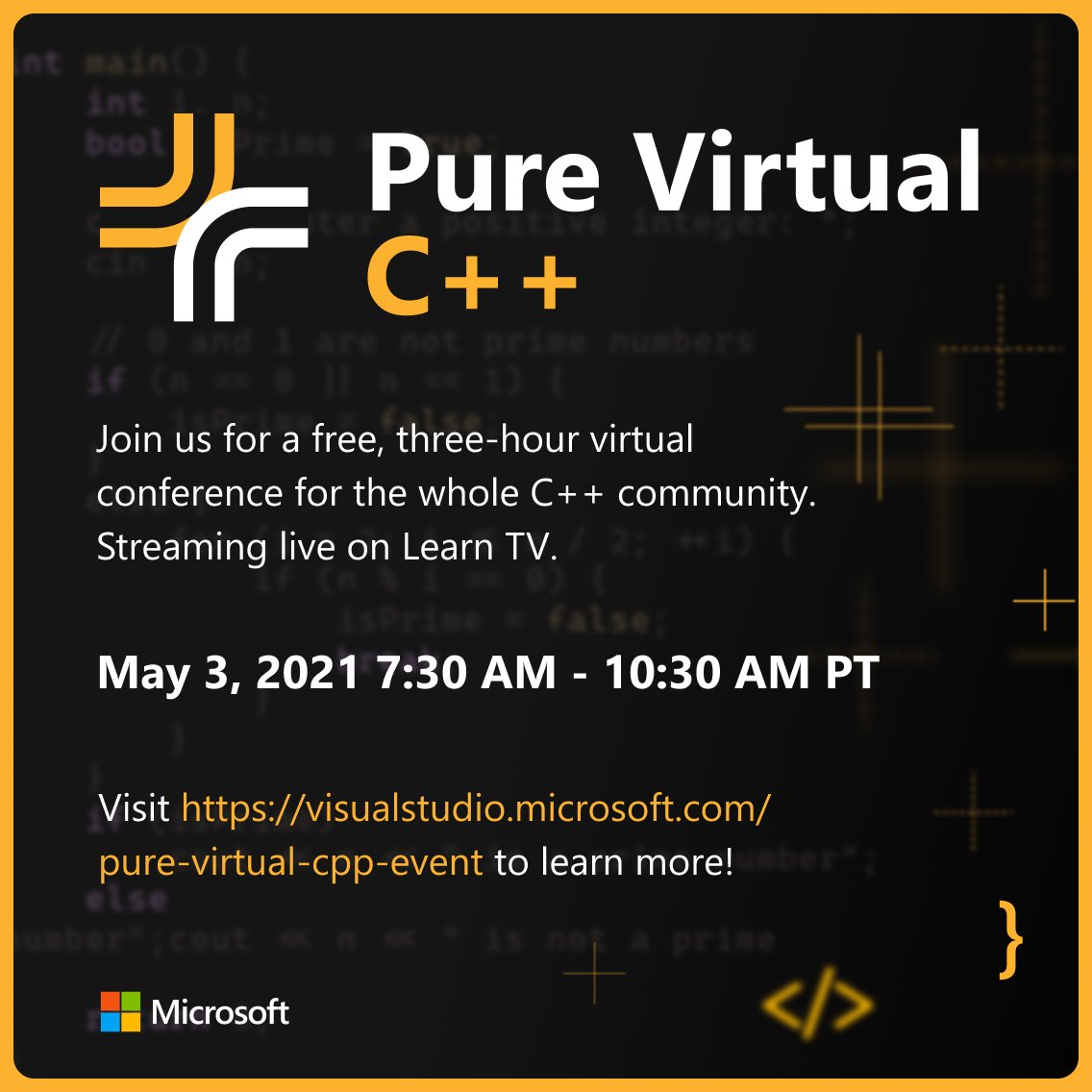 VisualStudio's tweet photo. Signed up for #PureVirtualCPP? Get ready to hear from:
@SunnyChatterjee
Gabriel Dos Reis
Kyle Edwards
@DanielaKEngert 
@Augustin_Popa
Erika Sweet

Not signed up yet? That's easy to fix: https://t.co/1UWaffiQY3 https://t.co/2TVO8Gk1WR
