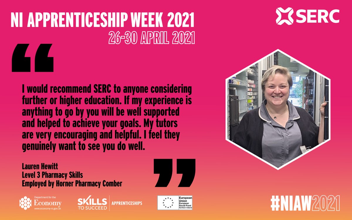Lauren Hewitt returned to education with SERC to further develop her skills and enrolled on the #apprenticeship in Pharmacy Skills.  

Read Lauren's story here: ow.ly/mWzG50ExAK0 #BetterOffAtSERC #NIAW2021