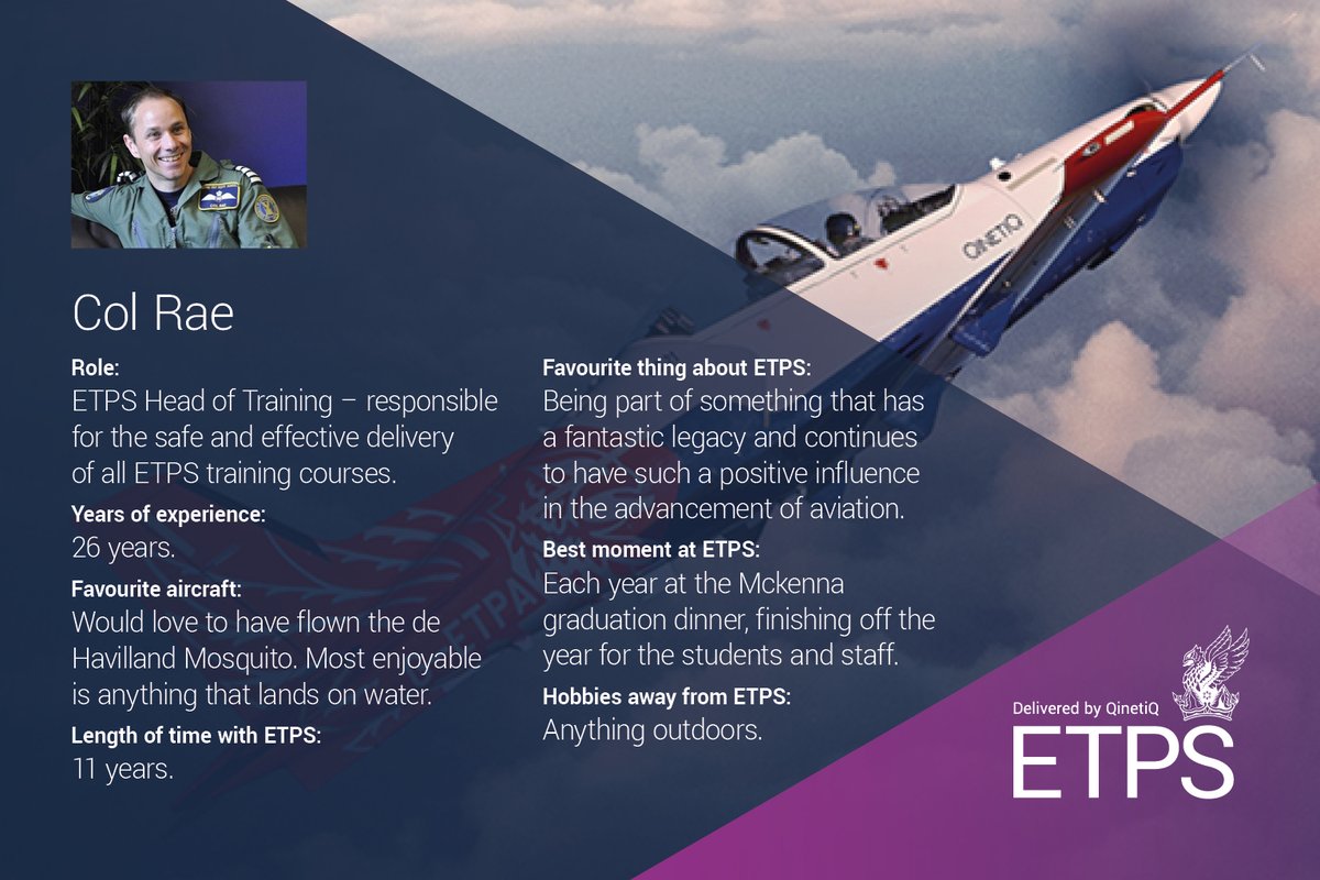 QinetiQ's tweet image. In recognition of #InternationalPilotsDay, we’re celebrating our own at #ETPS.
Responsible for the safe and effective delivery of all ETPS training courses, Col Rae continues to inspire the next generation of flight test professionals #LearntoTest #TesttoLearn #FlightTestPilot