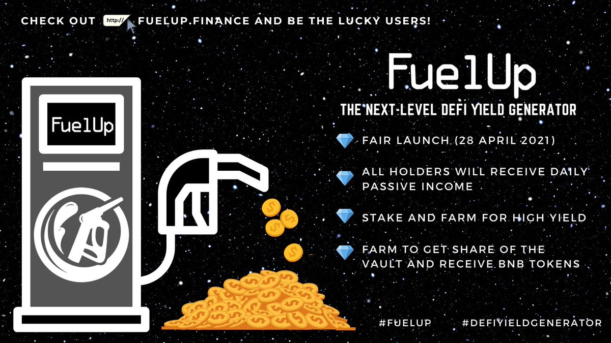 FuelUp6's tweet photo. Watch out for FuelUP "fair launch" this coming April 28, 2021 @PancakeSwap. 
Be the early users and earn rewards! 

$BNB #BSC #defi #yieldfarming #FuelUp #BinanceSmartChain #cryptogiveaways @FuelUp6 https://t.co/HN5VQb13CR