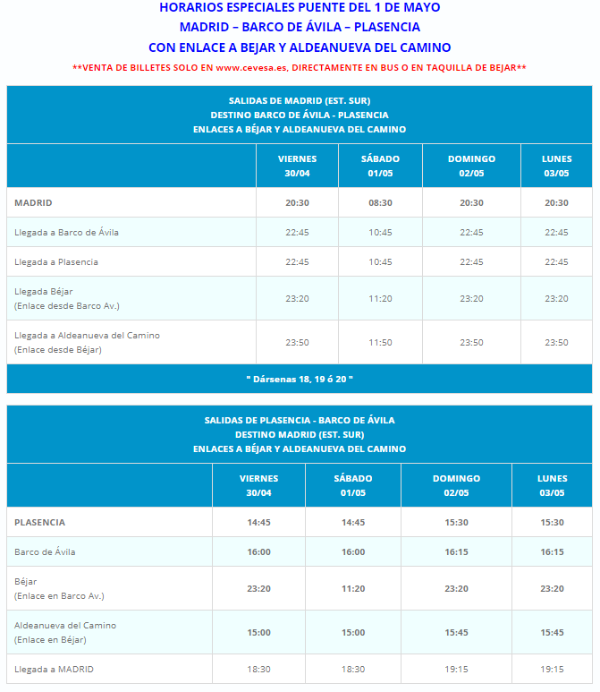 CEVESA_bus's tweet photo. Servicios especiales Madrid -Plasencia para el 1 de Mayo, más información en https://t.co/8XNUNJ5psd https://t.co/pmPUrMPuy9