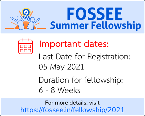 FOSSEE's tweet photo. Make a note of the Important Dates for the #FosseeSummerFellowship2021.
Registration is in progress! Have you registered?
Note the schedule and register before the deadline.
Visit https://t.co/bbSGy5sZzH to register.
#floss #opensource #coding #internship #fellowship #fsf21 https://t.co/ICojmDnUxU