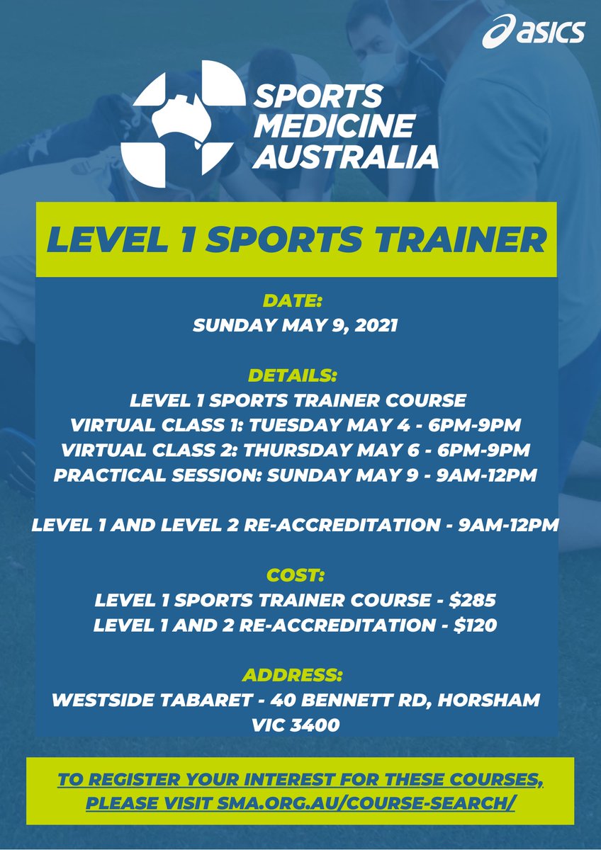 WRSA_Sports's tweet photo. Sports Medicine Australia will be holding a level 1 and 2 Sports Trainer Re-Accreditation course as well as an Advanced Taping Course at Westside Horsham on May 9th 2021. 
To register for the course please follow the link then select Victoria as the state  https://t.co/BVVrMVa0l9 https://t.co/wlVeug3hwZ