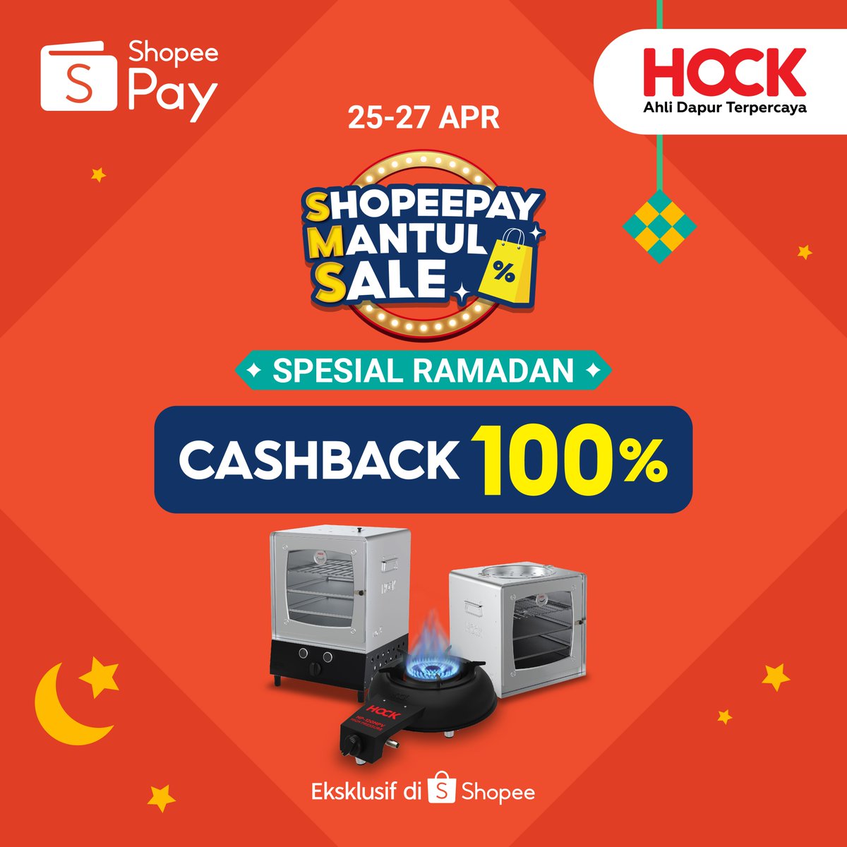 #Shopeepaymantulsale hadir kembali untuk menemani ramadhan kamu!

Nikmati cashback 100% maksimal Rp.17.000 untuk setiap pembelian produk Hock di website hock.id
Periode promo 25 - 27 April aja nih , ayo buruan checkout pesanan kamu sekarang!