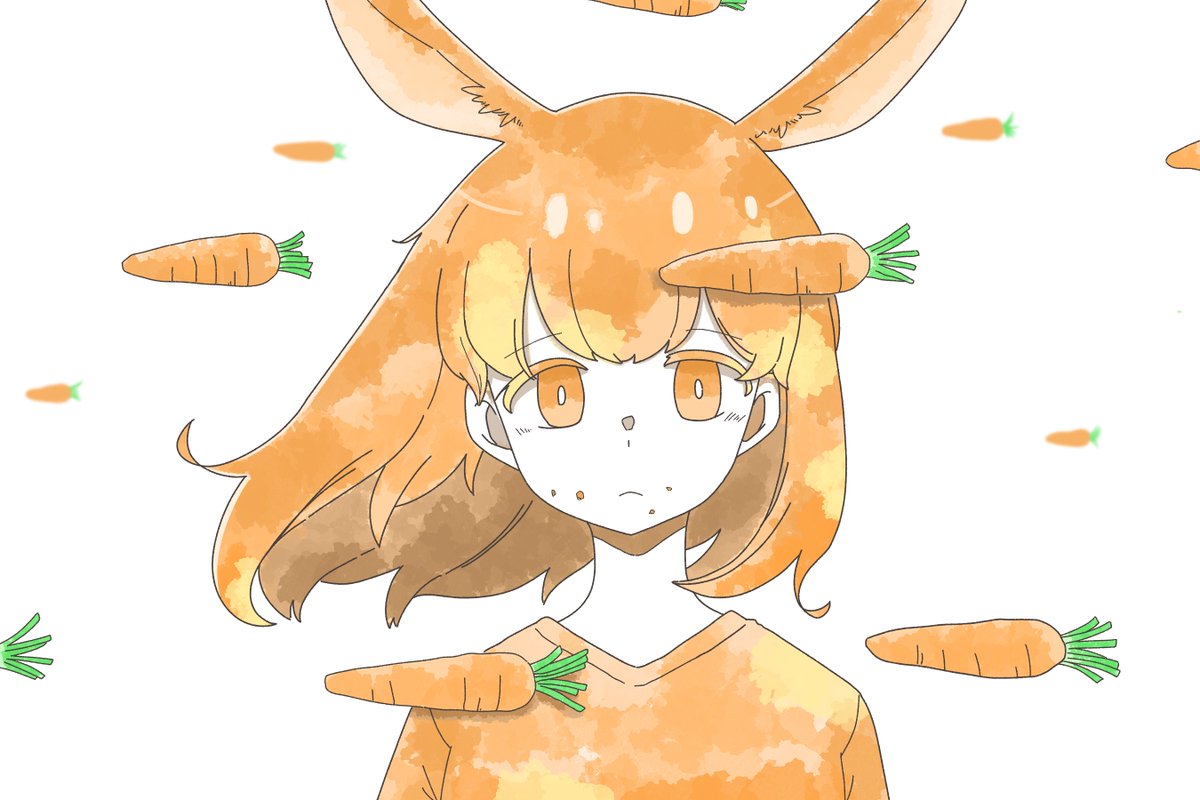 1girl solo animal ears carrot rabbit ears orange shirt orange hair  illustration images
