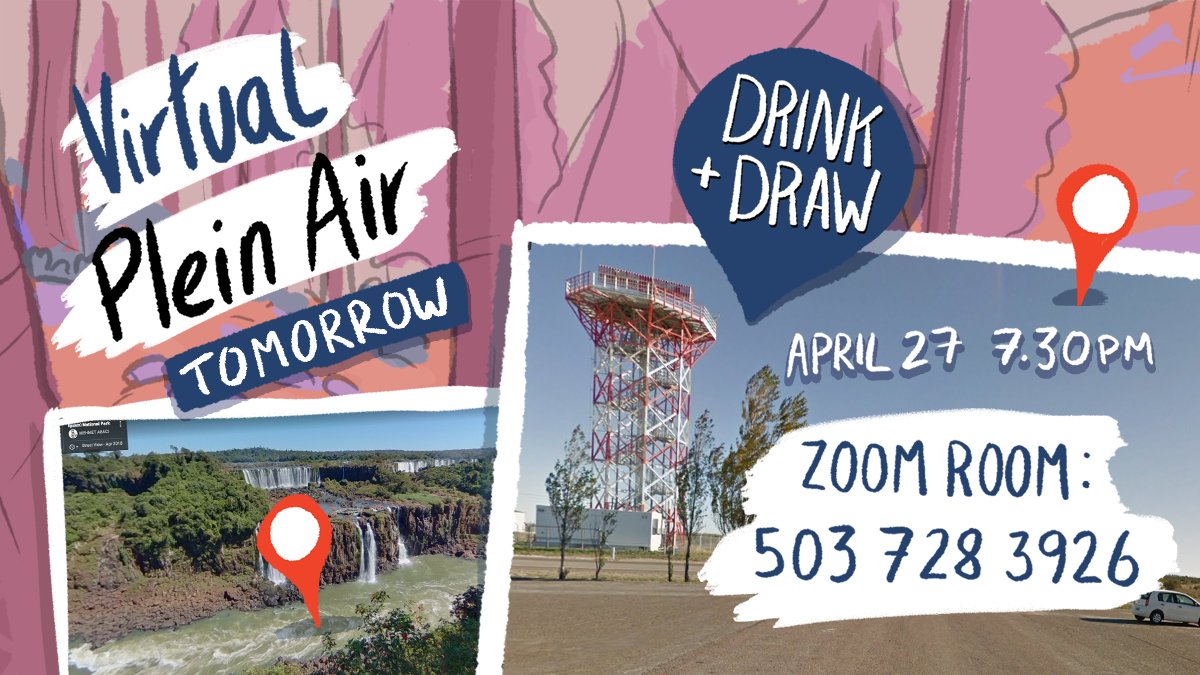 April's Virtual Plein Air drink & draw is TOMORROW! Join us on a virtual drawing tour of the whole world! ✈️✏️ 7.30 PM on Zoom, all abilities welcome. ROOM CODE: 503 728 3926