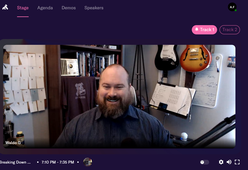 theapisuite's tweet photo. "Breaking down monoliths" with @gwaldo from Datadog (with guitars perhaps?) 🎸 #APIs #DestinationScale @kong #datadog @datadoghq https://t.co/cWiq5AN5Wf