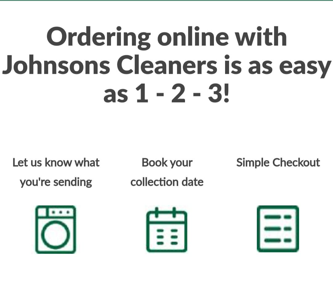 We take the Stress out of all of your Dry cleaning needs and even offer a online option if popping into a branch isn't convenient! It's as easy as 123!

Visit johnsoncleaners.com/online-ordering
