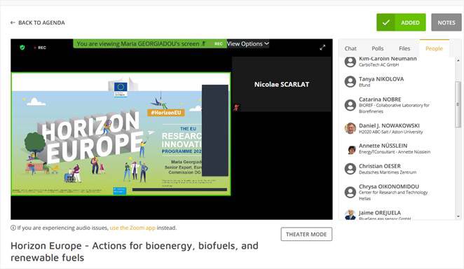 #HappeningNow 🔸<a href="/H2020_ABC_SALT/">Horizon 2020 ABC-Salt</a> is at the <a href="/EUBCE/">EUBCE - European Biomass Conference and Exhibition</a> 🔹 The <a href="/EU_H2020/">Horizon 2020</a> webinar on “Actions for bioenergy, biofuels and renewable fuels” started! #EUBCE2021 #bioenergy #biofuels #INEA