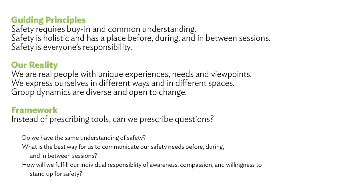 How do we improve safety in  #ttrpg?Our reality is that we all have unique needs and dynamics.I honestly think it can be more useful if we frame safety in terms of principles and questions each group should ask -- instead of just resorting to a favorite tool. 