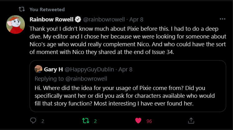 rainbow confirming nico/pixie is endgame and that pixie is queer. what a QUEEN