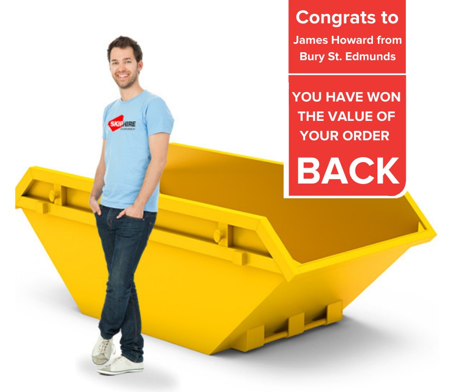 Congratulations James Howard from Bury St. Edmunds. You have won the cost of your skip back in our competition.
#skiphire #skiphirecomparison #wastemanagement #giveaway
