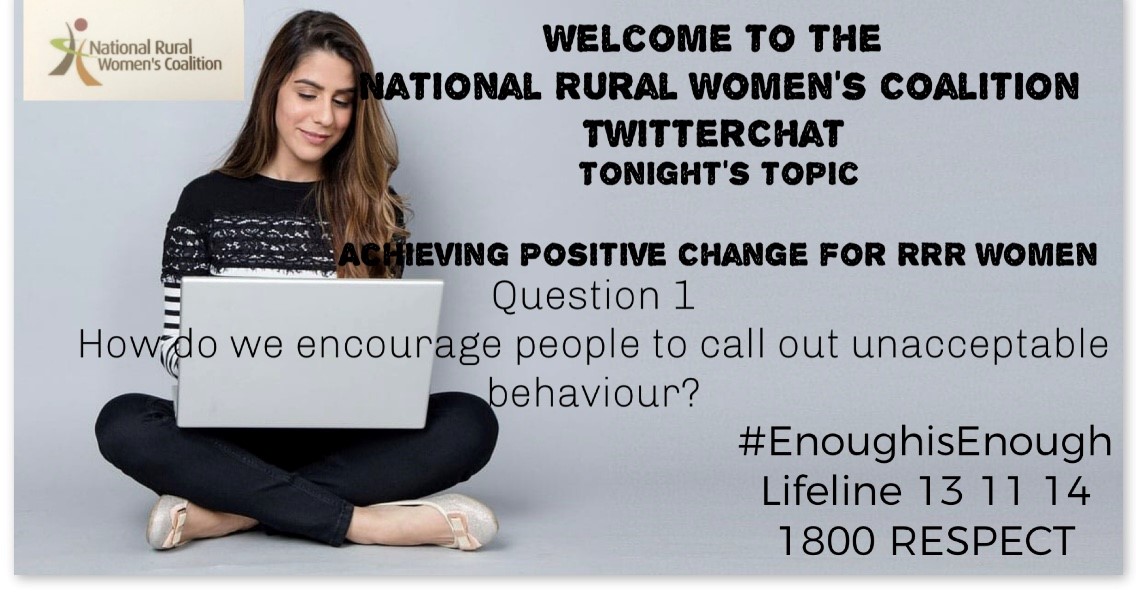Q1. How do we encourage people to call out unacceptable behaviour? 
<a href="/AWAVA_women/">AWAVA</a> <a href="/Kate_Jenkins_/">Kate Jenkins</a> @safer_families <a href="/eSafetyWomen/">eSafetyWomen</a> <a href="/HayleyFoster_/">Hayley Foster (she/her)</a> <a href="/AgChatOZ/">AgChatOZ</a> <a href="/jo_sr01/">Jo Stewart-Rattray</a>  <a href="/NRHAlliance/">National Rural Health Alliance</a> <a href="/officeforwomen/">The Office for Women</a> <a href="/Algwanational/">Algwa</a> <a href="/CountryCanberra/">Country to Canberra</a> <a href="/hegarty_kelsey/">Kelsey Hegarty</a> @DRVAW_AU <a href="/Kate_FitzGibbon/">Kate Fitz-Gibbon</a> <a href="/rfiolet/">Dr Renee Fiolet</a>