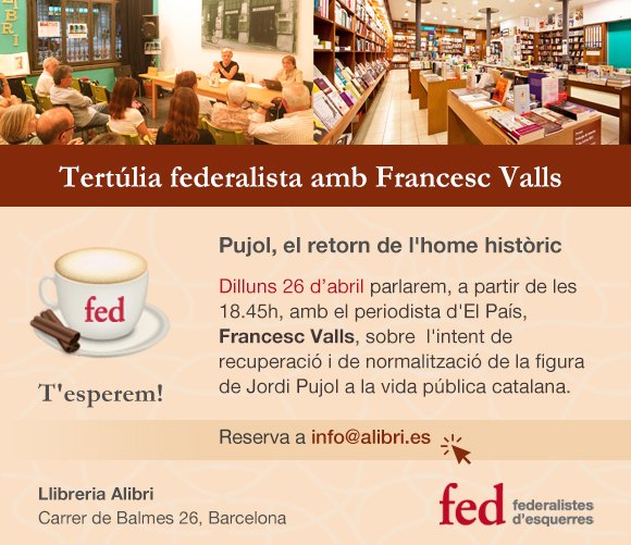 Federalistes d’Esquerres (@esquerrafederal) on Twitter photo 📅 Avui tenim una cita a la <a href="/LibreriaALIBRI/">ALIBRI LLIBRERIA</a> amb <a href="/Quicov/">Francesc Valls</a>, periodista de @elpaiscat.
✉️ Fes la teva reserva a: info@alibri.es
☕ T'esperem! 📅 Avui tenim una cita a la <a href="/LibreriaALIBRI/">ALIBRI LLIBRERIA</a> amb <a href="/Quicov/">Francesc Valls</a>, periodista de @elpaiscat.
✉️ Fes la teva reserva a: info@alibri.es
☕ T'esperem!
