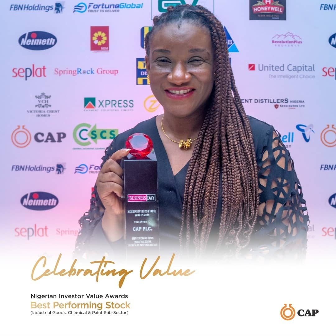 CAP_PLC's tweet photo. Over the weekend, we were recognized at the Nigerian Investor Value Awards organized by Businessday and Nigerian Stock Exchange. We received 2 awards in the Chemical &amp; Paints Subsector :
Best profitable stock-Industrial Goods &amp; Most profitable company.

#CAPPlc
#CelebratingValue https://t.co/LvVApYx7xt