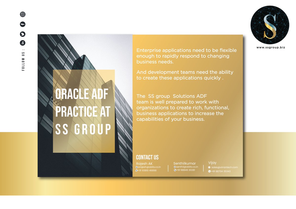 SSGroupCompany1's tweet image. Oracle ADF practice at SS groups
The SS group solutions ADF team is well prepared to work with organizations to create rich, functional, business applications to increase the capabilities of your business.
#ssgroup #Oracle #OracleADF #Capability #Business
