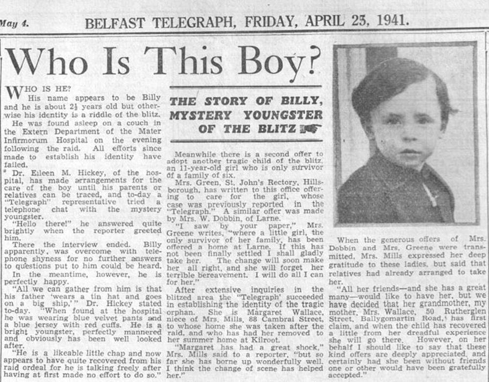 On 25 April 1941 the  @BelTel published an article headlined WHO IS THIS BOY? He was found after the Easter Tuesday Raid in the Mater Hospital. Although he gave his name as ‘Billy’, efforts to trace his identity or relatives were unsuccessful #BelfastBlitz  #Blitz80