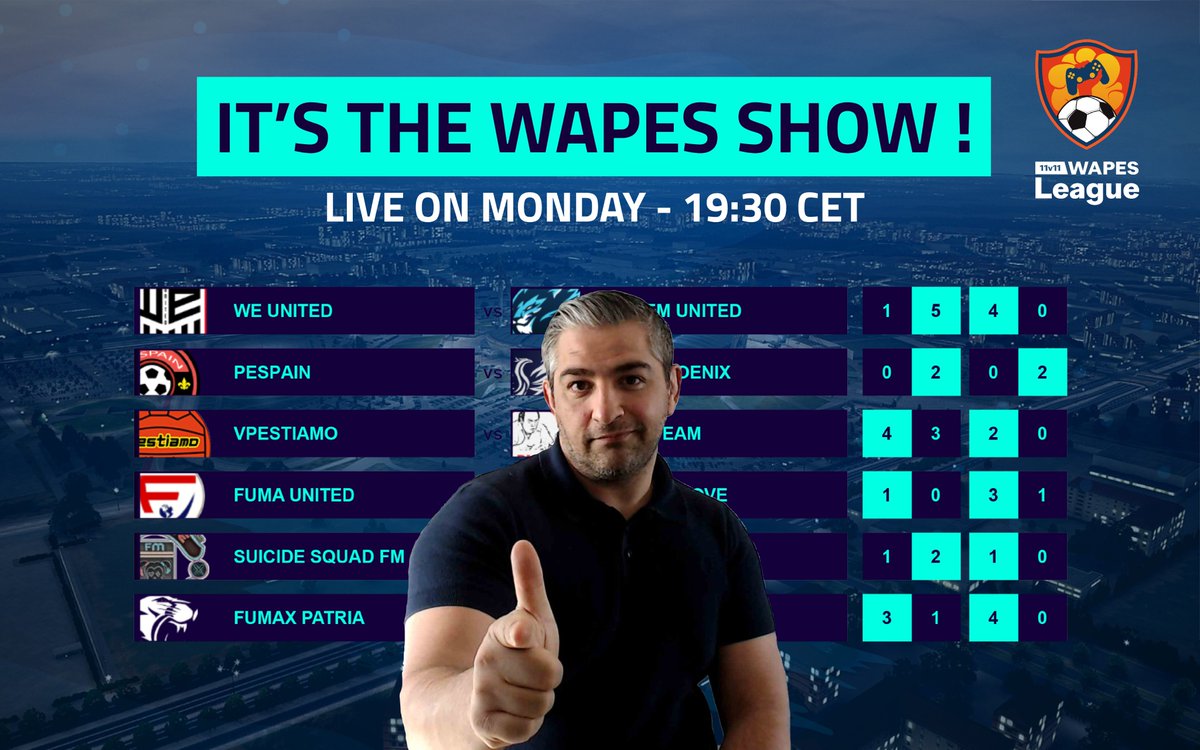 WAPES League 11vs11 (@wapesleague) on Twitter photo TONIGHT 19:30 CET with <a href="/Steveonpes/">SteveonPES</a>
it's THE WAPES SHOW !!🎉
Make sure you don't miss this week's results in the League. Some incredible scenarios as well as weekly goals and news !!
🔥LIVE TONIGHT🔥Twitch.tv/wapesleague
#fullmanual #11vs11 #WAPESLeague #eFootballPES2021 TONIGHT 19:30 CET with <a href="/Steveonpes/">SteveonPES</a>
it's THE WAPES SHOW !!🎉
Make sure you don't miss this week's results in the League. Some incredible scenarios as well as weekly goals and news !!
🔥LIVE TONIGHT🔥Twitch.tv/wapesleague
#fullmanual #11vs11 #WAPESLeague #eFootballPES2021