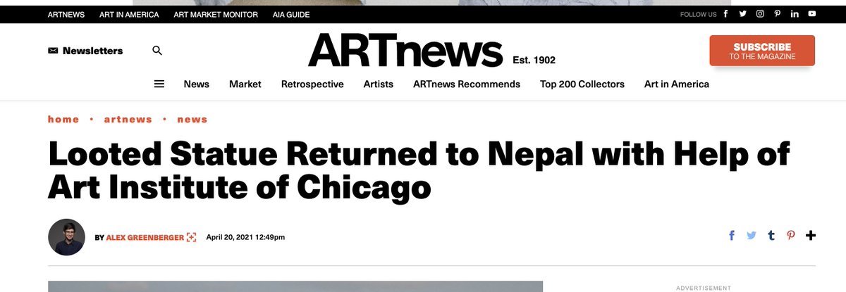 The Art Institute of Chicago refused to name the Alsdorf Collection as the source of the stolen sacred artwork the museum "helped" return to Nepal. Did they want to avoid scrutiny of the Alsdorf's donations to the museum? A thread. https://www.artnews.com/art-news/news/looted-statue-returned-nepal-art-institute-of-chicago-1234590061/