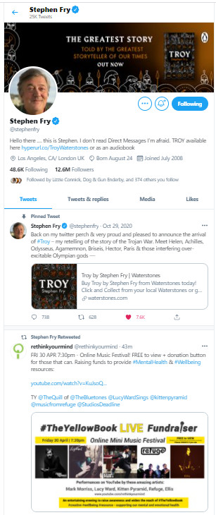 such a huge thank you <a href="/stephenfry/">Sir Stephen Fry</a> for sharing the live fundraiser - we are looking forward to Fri night - Thanks! You are an inspiration to us all -