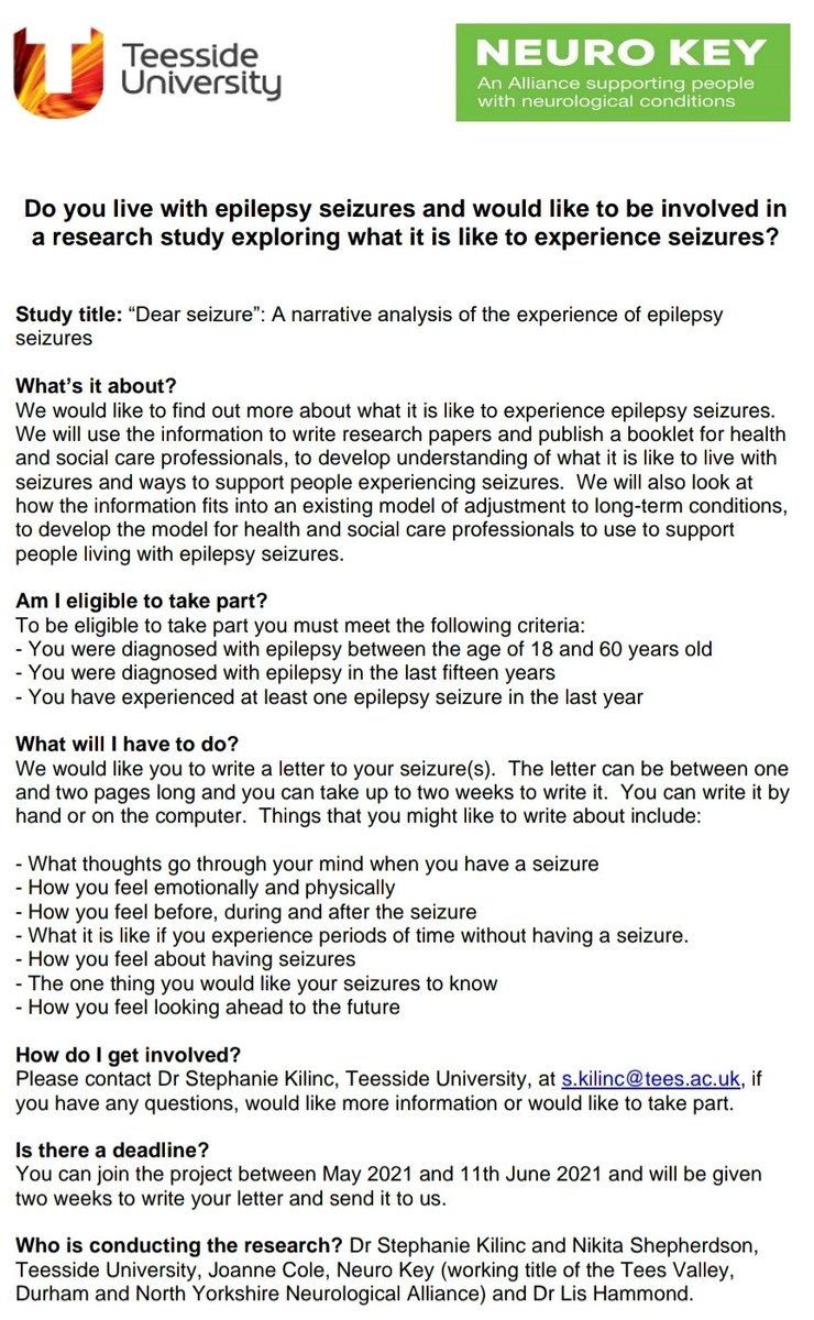 NeuroAlliance TVDNY (@na_tvdny) on Twitter photo We are working with <a href="/TeessideUni/">Teesside University</a> on research exploring the experience of #epilepsy seizures. If you are interested and were diagnosed with epilepsy in the last 15 years, aged 18 to 60yrs when diagnosed and have experienced a seizure in the last year, email s.kilinc@tees.ac.uk We are working with <a href="/TeessideUni/">Teesside University</a> on research exploring the experience of #epilepsy seizures. If you are interested and were diagnosed with epilepsy in the last 15 years, aged 18 to 60yrs when diagnosed and have experienced a seizure in the last year, email s.kilinc@tees.ac.uk