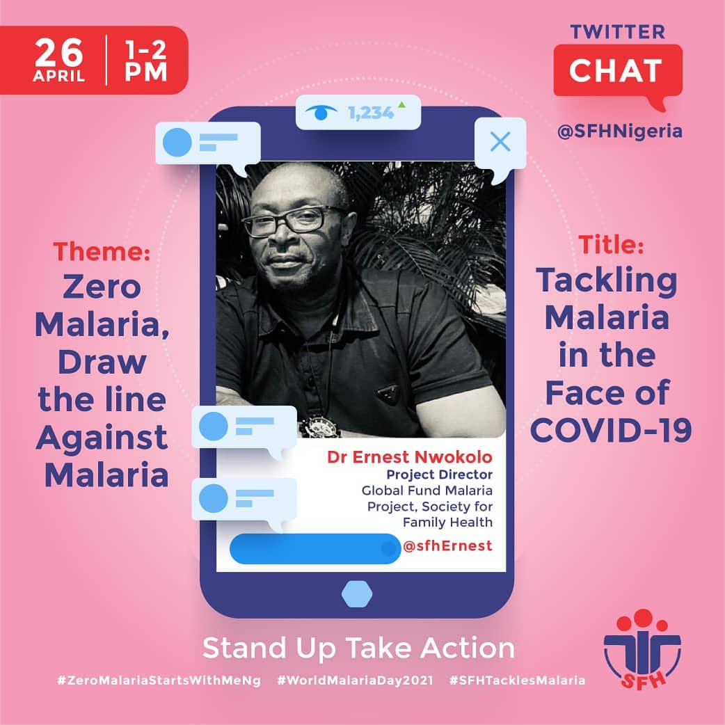 Less than an hour to go for this exciting twitter chat.

Topic: Tackling #Malaria in the Face of COVID-19
 
Guest: Dr Ernest Nwokolo .<a href="/SfhErnest/">Ernest@MalariaCHEF Project</a> 

Join the conversation and #DrawTheLineAgainstMalaria with #SFHTacklesMalaria 
#ZeroMalariaStartsWithMeNg #WorldMalariaDay2021