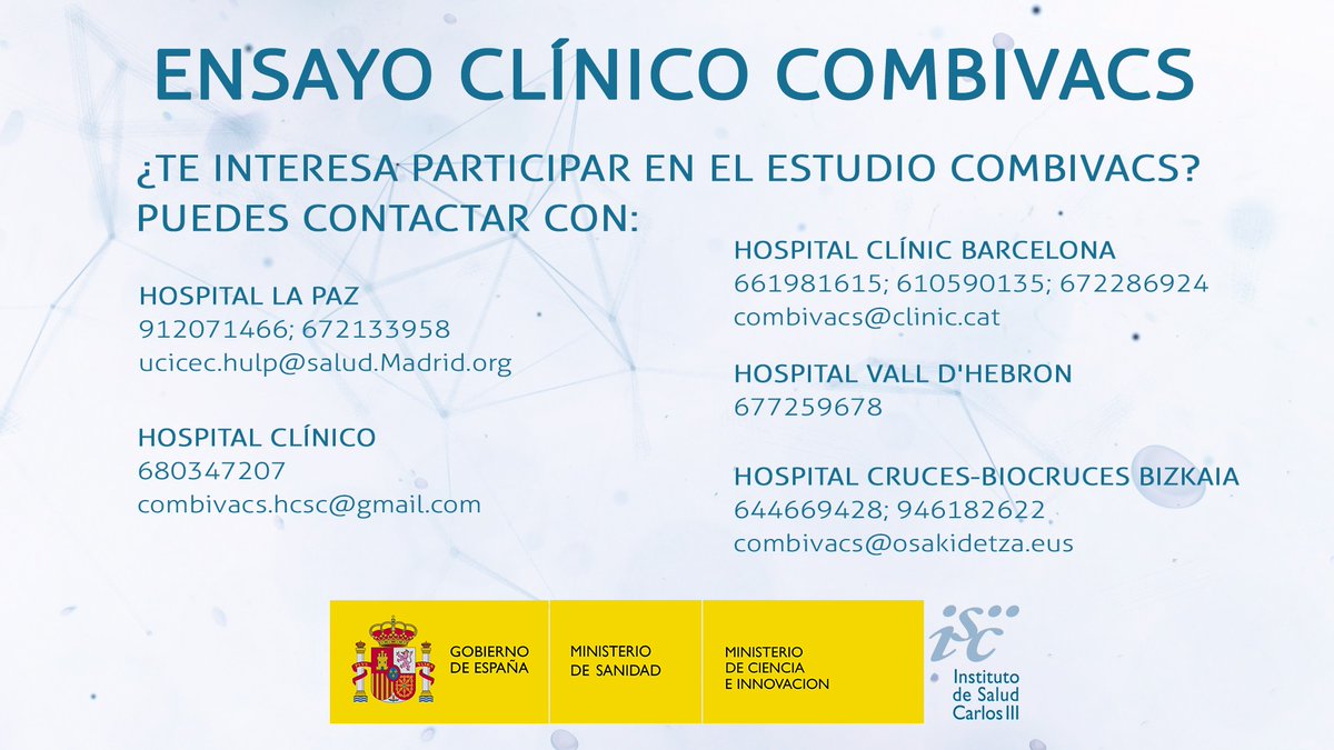 📢 El ensayo clínico #CombivacS busca personas voluntarias menores de 60 años que hayan recibido la vacuna de AstraZeneca antes del 5 de marzo. 

📰 Información del estudio ➡️ bit.ly/3vnGEI2

Contacta con los 5 hospitales participantes si estás interesado/a. ¡Gracias! ⬇️