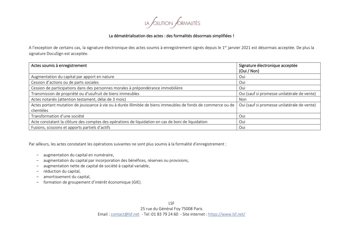 𝗗é𝗺𝗮𝘁é𝗿𝗶𝗮𝗹𝗶𝘀𝗮𝘁𝗶𝗼𝗻 𝗱𝗲𝘀 𝗮𝗰𝘁𝗲𝘀: 𝗱𝗲𝘀 𝗳𝗼𝗿𝗺𝗮𝗹𝗶𝘁é𝘀 𝘀𝗶𝗺𝗽𝗹𝗶𝗳𝗶é𝗲𝘀
➡️signature électronique des actes soumis à enregistrement signés depuis le 01/01/2021 désormais acceptée, à l’exception de certains cas
➡️signature <a href="/DocuSign/">Docusign</a> acceptée
+ d'infos⬇️