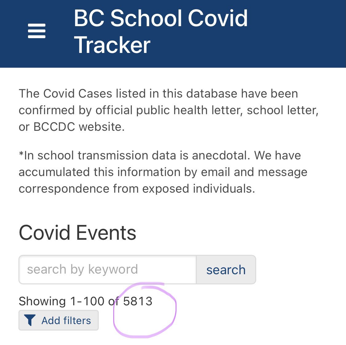 12/ We know of 5813 School infection notices. Each infection notice can be for 1 or 50 infected people. There are many thousands who’ve been infected and no notice to the community has gone out. Link:  https://bcschoolcovidtracker.knack.com/bc-school-covid-tracker#home/ #bced  #bcpoli  #covid19BC