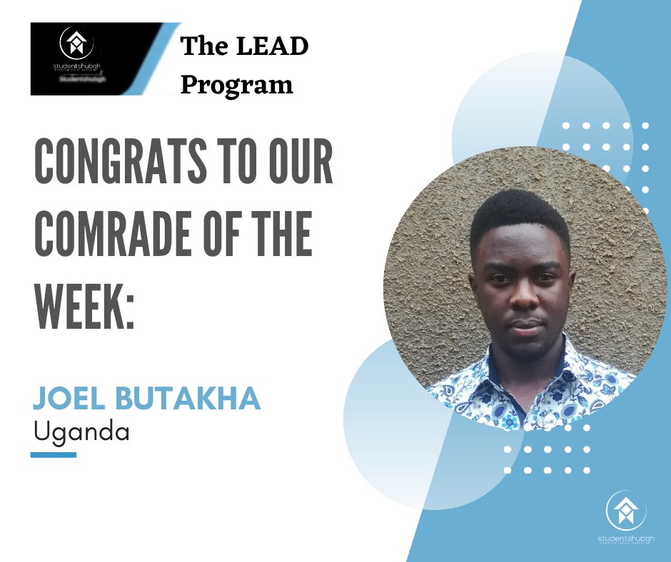 studentshubgh's tweet image. Congratulations to Joel Butakha for being the Final Comrade of the week with excellent grades👏.
Keep up the good work and soar higher!
Learn more about the LEAD program here:
ow.ly/ICW550ExAR3
#leadprogram #africa #international #uganda