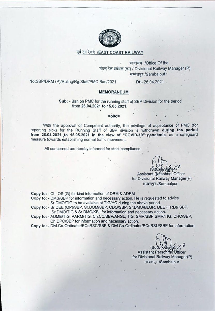 SPSinghAIGC's tweet photo. @PiyushGoyal @RailMinIndia @gmeastcoastrly @DRMSambalpur
Why this bias against Running Staff?You are denying constitutional rights to save our lives at this Pandemic situation.The letter spells the venomous attitude of the Administration on the Running Staff
#CEO #MemberOBD #DGHR https://t.co/qOgByDuv4x