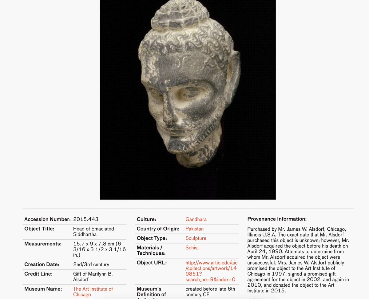 Here's an example. Under provenance info, they say "ummm, we dunno" in a sophisticated way ("The exact date that Mr. Alsdorf purchased this object is unknown.... Attempts to determine from whom Mr. Alsdorf acquired the object were unsuccessful").