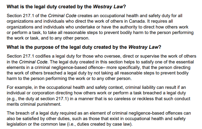 Bookmarking section 217.1 of the Criminal Code (in force via the Westray Law) that creates legal duty on people overseeing work of others to take all reasonable steps to prevent bodily harm to those othersPerhaps there IS crim liability in this mess ... https://www.justice.gc.ca/eng/rp-pr/other-autre/westray/westray-1-eng.pdf