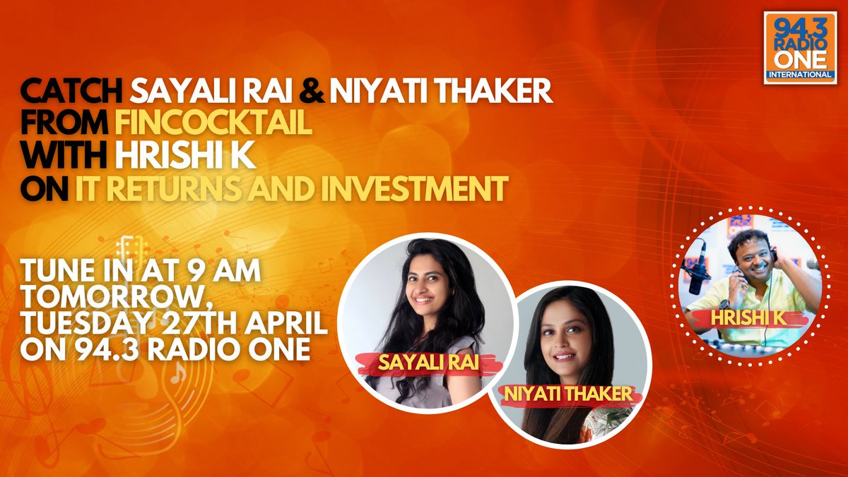 HrishiKay's tweet photo. Such a cool fun way of looking at #Finance 🙌 @RaiSayali &amp; @niyati1291 from @FinCocktail are onair with me 9 am tomorrow 27th April on @943RadioOne talking about IT returns, fresh investment goals, attitude towards loans, early retirement &amp; more! 💵 #FinancialPlanning @ksr99 https://t.co/v0nh9XAA6I