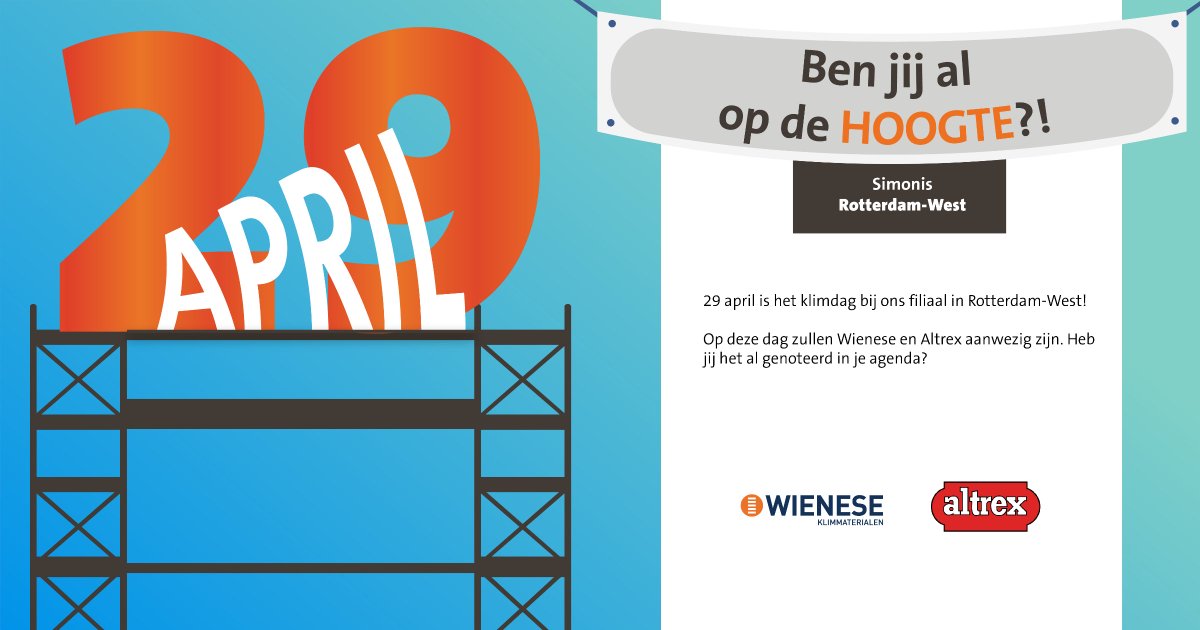 Ben jij al op de hoogte?!

29 april is het weer zo ver: Klimdag bij ons filiaal in Rotterdam-West!
We zien je graag in ons filiaal.