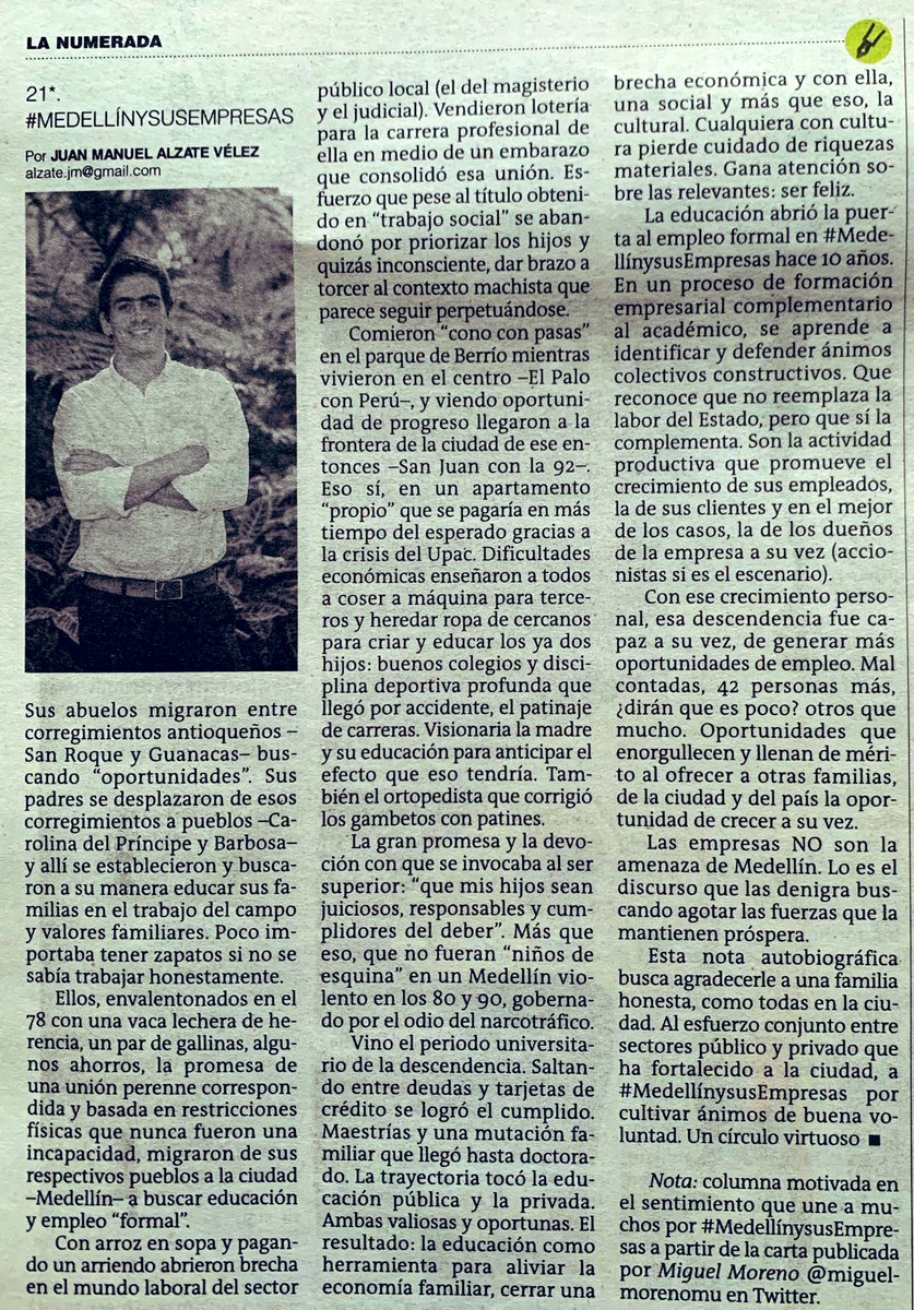Para hoy, en #LaNumerada de <a href="/elcolombiano/">El Colombiano</a>, una historia motivada por <a href="/miguelmorenomu/">Miguel Moreno</a> y su carta publicada esta semana. Resalta los sentimientos que nos unen por #MedellínysusEmpresas. Anímense a contar la suya.