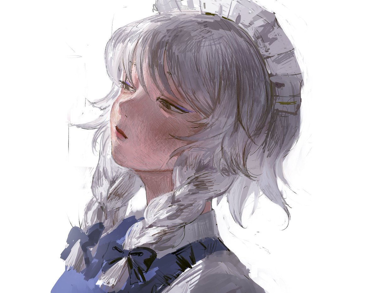 izayoi sakuya 1girl solo braid twin braids maid headdress white background white hair  illustration images