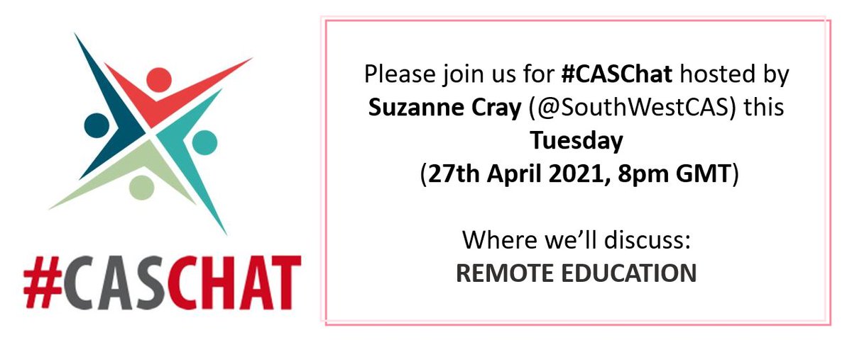Please join us for #CASChat hosted by Suzanne Cray (<a href="/SouthWestCAS/">CAS South West</a>) this Tuesday (27th April 2021, 8pm GMT)

Where we’ll discuss: 
REMOTE EDUCATION