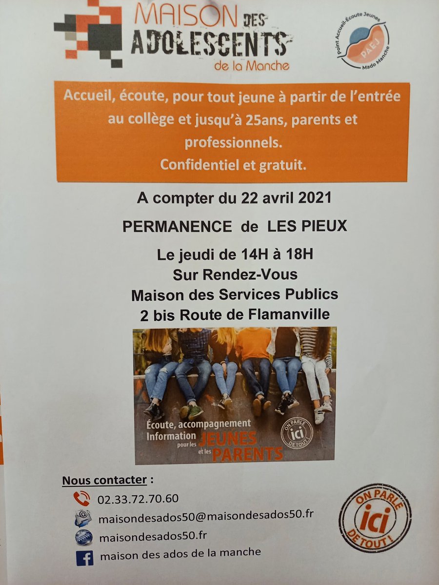 La Mado a ouvert une nouvelle permanence à Les Pieux. Chaque jeudi après-midi pour tout jeune,  parent.  Sur rendez-vous au : 0233727060