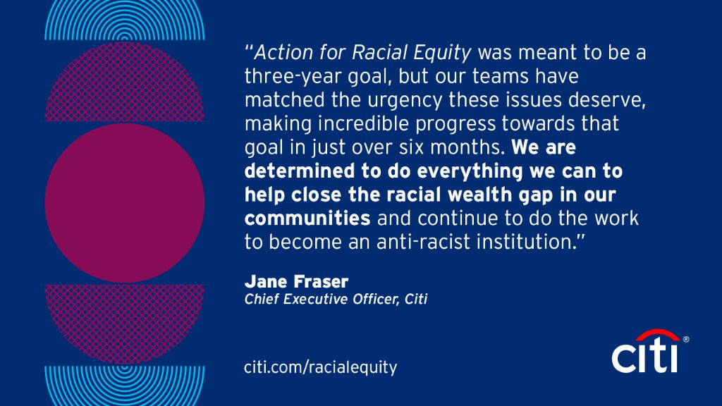 Citi's tweet photo. Today, #Citi and the Citi Foundation announced initial results generated from our $1 billion Action for Racial Equity initiative to help close the racial wealth gap and increase economic mobility in the U.S. Learn more: https://t.co/RHiJWerkk6. https://t.co/t9Lm27n0NT