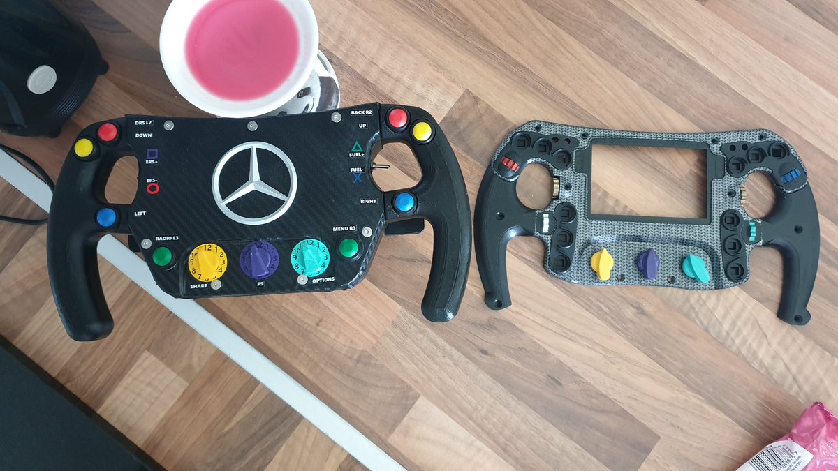 MattPJR53's tweet photo. From where i started to where i am now. Badly modding a paid for wheel file to now making my own designs from the ground up from pictures as reference. #3Dprinting #custom #thrustmaster #mercedes #f1 #ps4 #ps5 https://t.co/CFHLlhGjkB