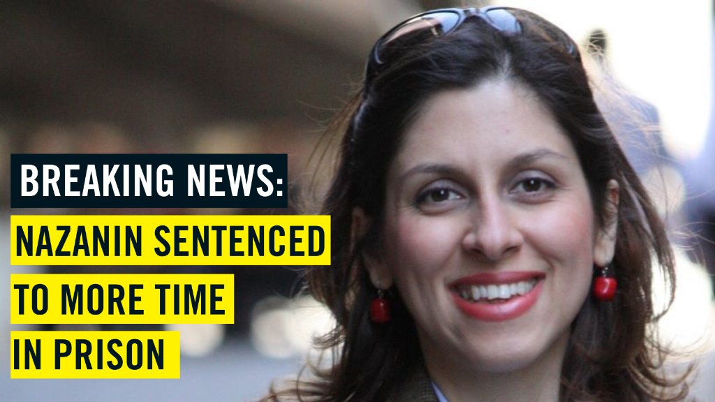 NEWS: Nazanin sentenced to another year in prison.

This is the news that we and her family feared most 💔 

We are now calling the on UK government to URGENTLY seek to have this conviction quashed and to facilitate her return home to the UK.

#FreeNazanin