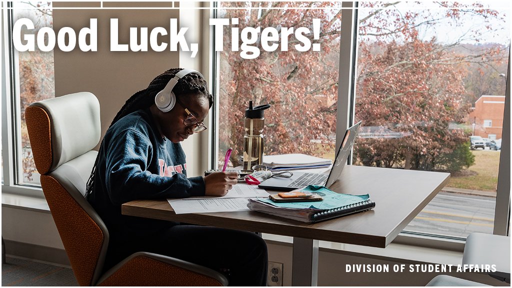 ClemsonSA's tweet photo. Good luck on your final exams this week, Tigers! We know you will all finish the semester strong! #ExperienceSuccess #FinalsWeek #MondayThoughts https://t.co/tsIfnJDRNW