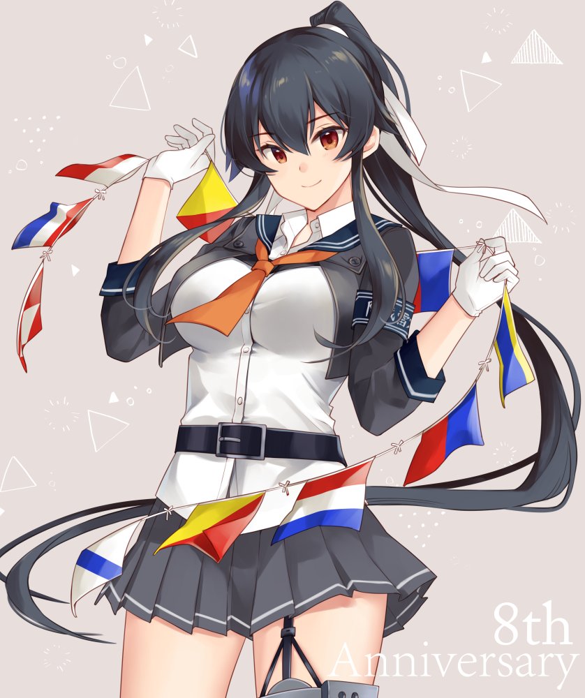 yahagi (kancolle) 1girl solo skirt black hair long hair gloves pleated skirt  illustration images